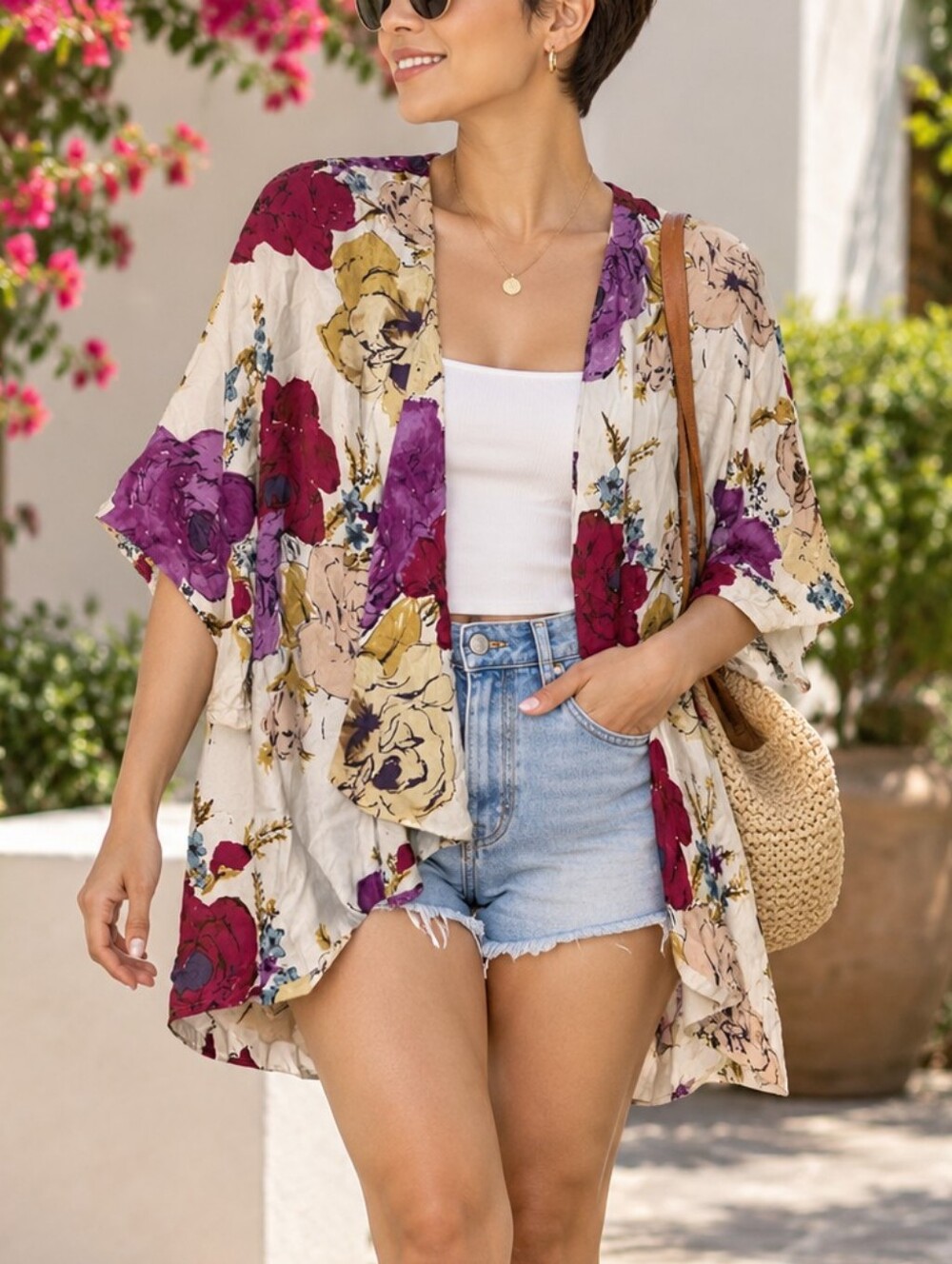 Anthropologie Odille 100% Silk Floral Kimono Shrug Size M